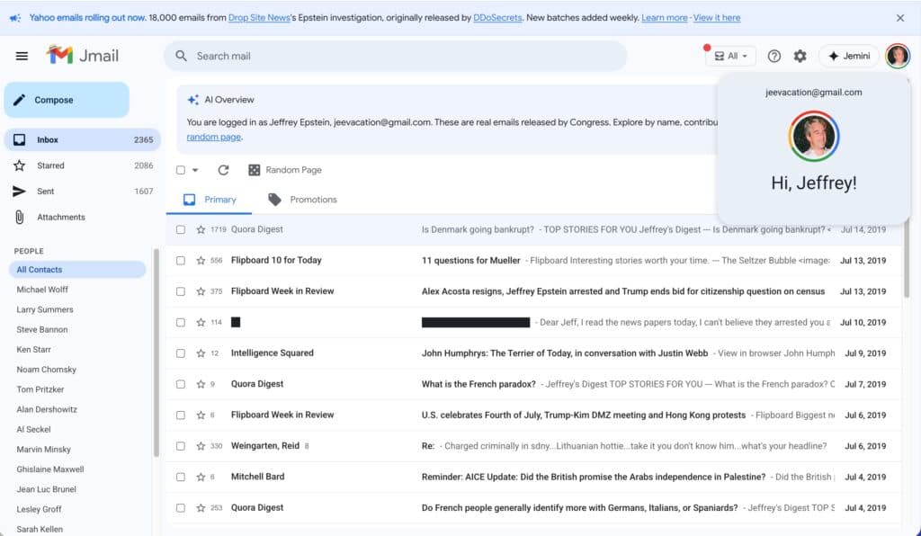 Jmail: Epstein files in Gmail interface