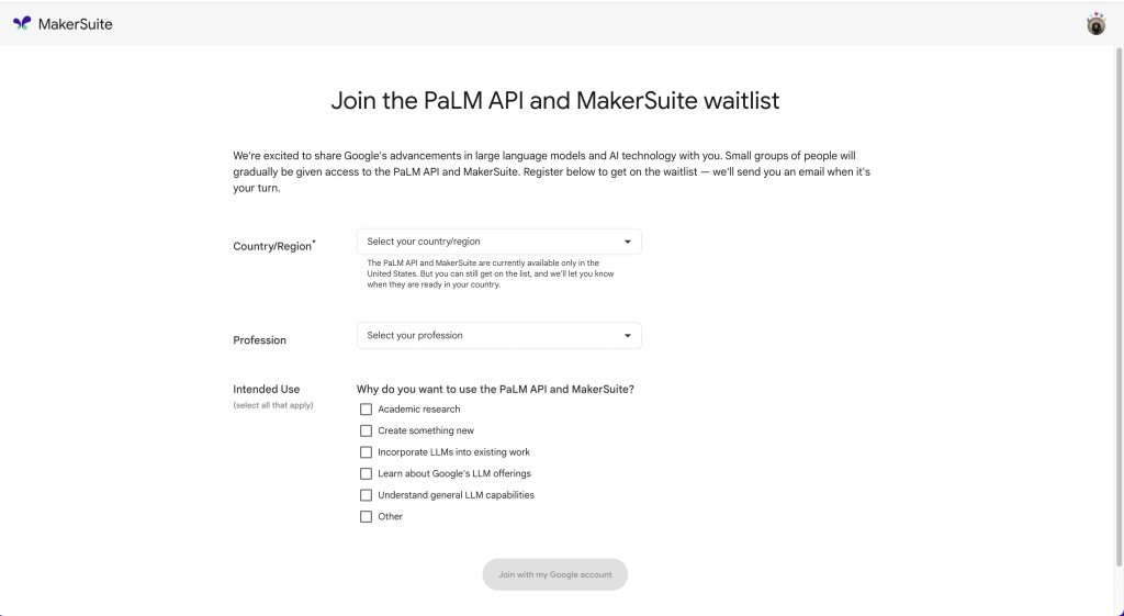 PaLM API waitlist